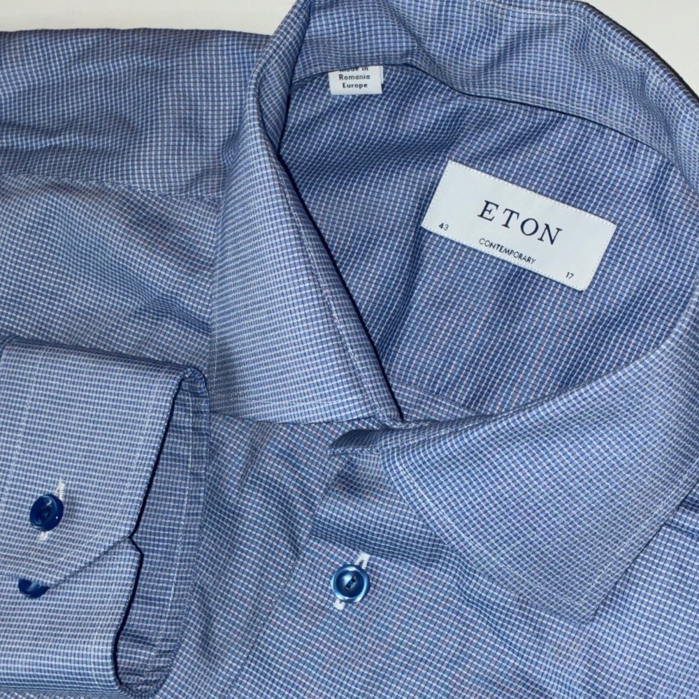 Eton Contemporary Men Dress Shirt 43 17 Blue Check 100% Cotton Long Sleeve